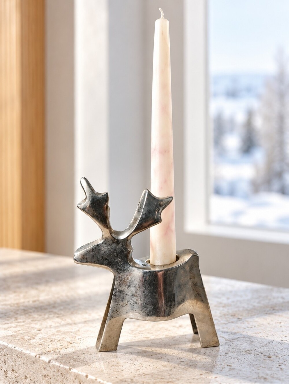 Vintage Silver Tone Reindeer Taper Candle Holder Sculptural Deer 5"